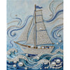 A painting of a white sailboat decorated with strands of blue and white pearls on a textured blue background.