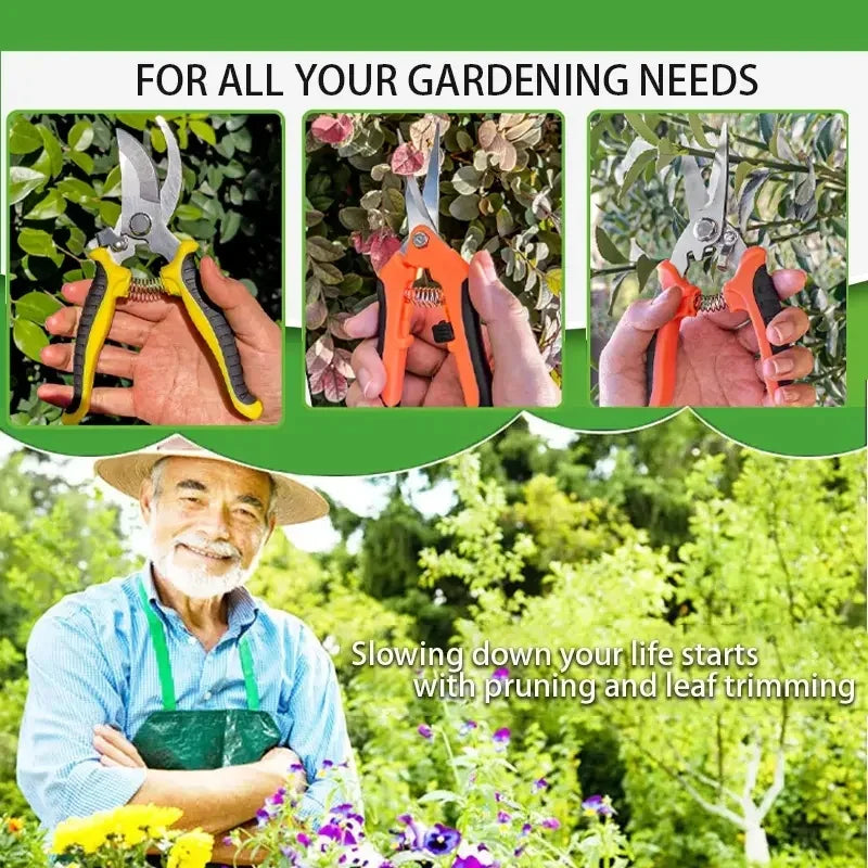 A set of three stainless steel garden pruning shears shown in various uses for gardening and trimming plants.