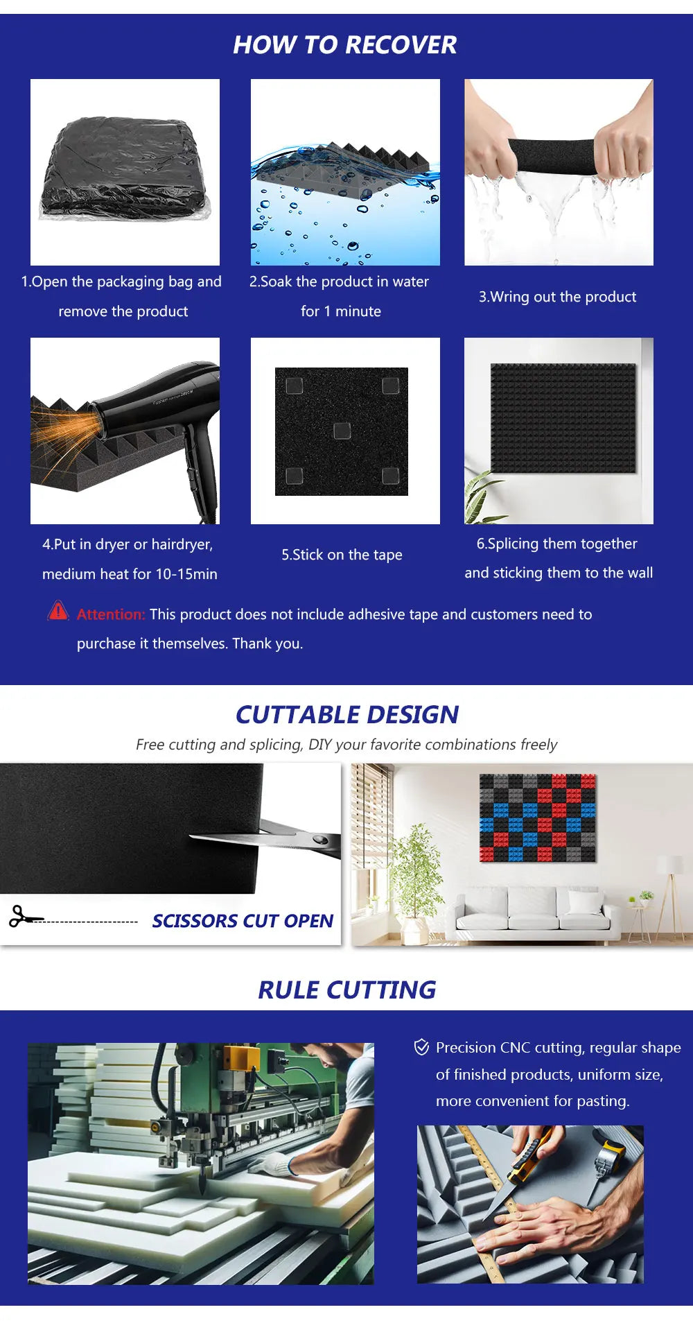 Instructions for recovering pyramid acoustic foam panels including soaking, wringing, and sticking them to a wall.