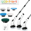 A set of 7 interchangeable brush heads for an electric spin scrubber, including various cleaning brushes and a handle.