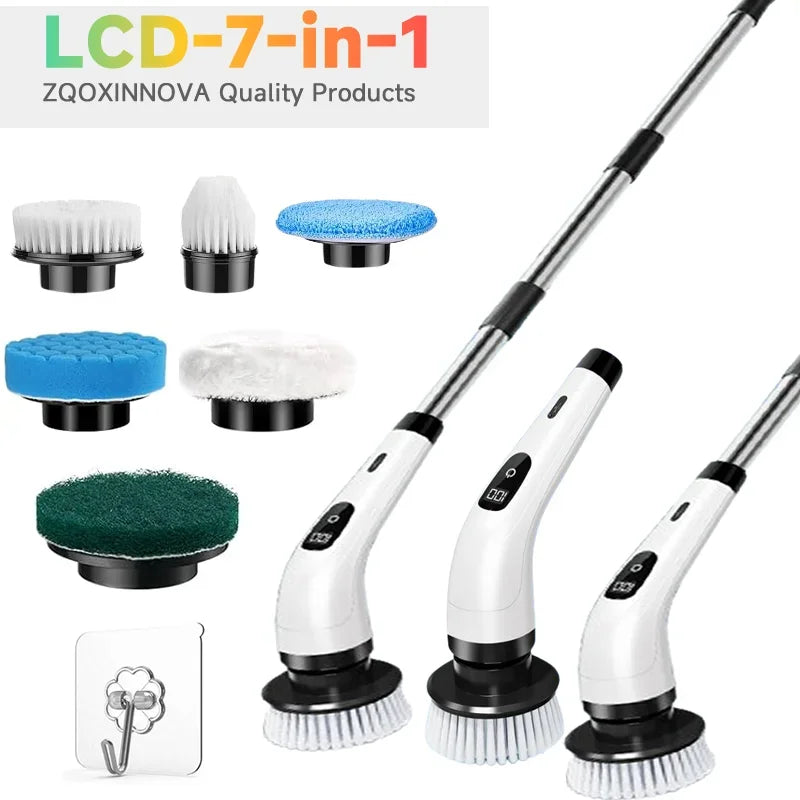 A set of 7 interchangeable brush heads for an electric spin scrubber, including various cleaning brushes and a handle.