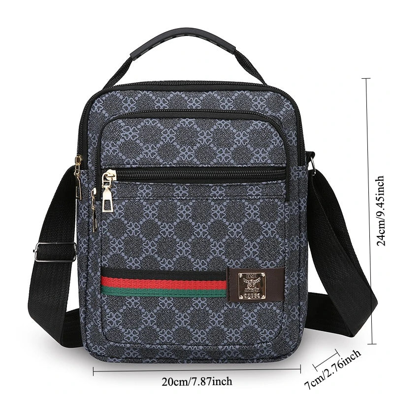 A black patterned multi-pocket crossbody sling bag with a black strap and gold zipper.