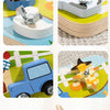 A wooden farm animal assembly toy featuring a yellow animal figure and accessories like a screwdriver and wrench.