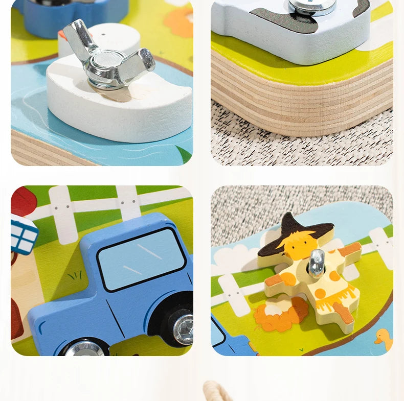 A wooden farm animal assembly toy featuring a yellow animal figure and accessories like a screwdriver and wrench.