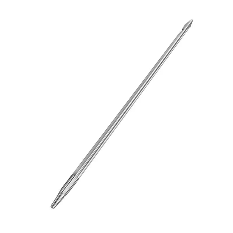 A silver leather sewing awl set with replaceable needles shown diagonally.