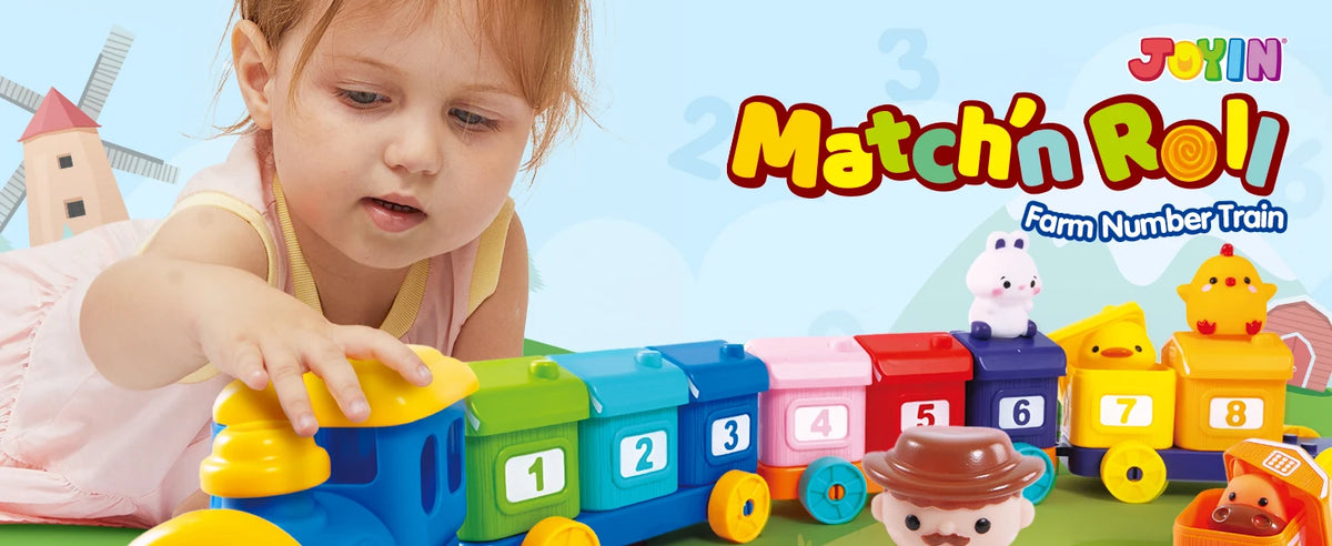 A young girl is playing with a colorful farm animal counting train that sorts numbers and matches.