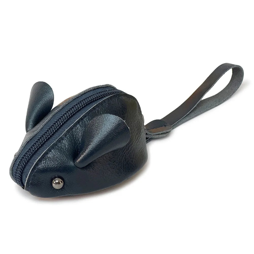 A dark brown genuine leather cartoon mouse coin purse with a strap.