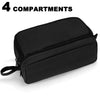 Black fabric pencil case with four compartments shown from the side.