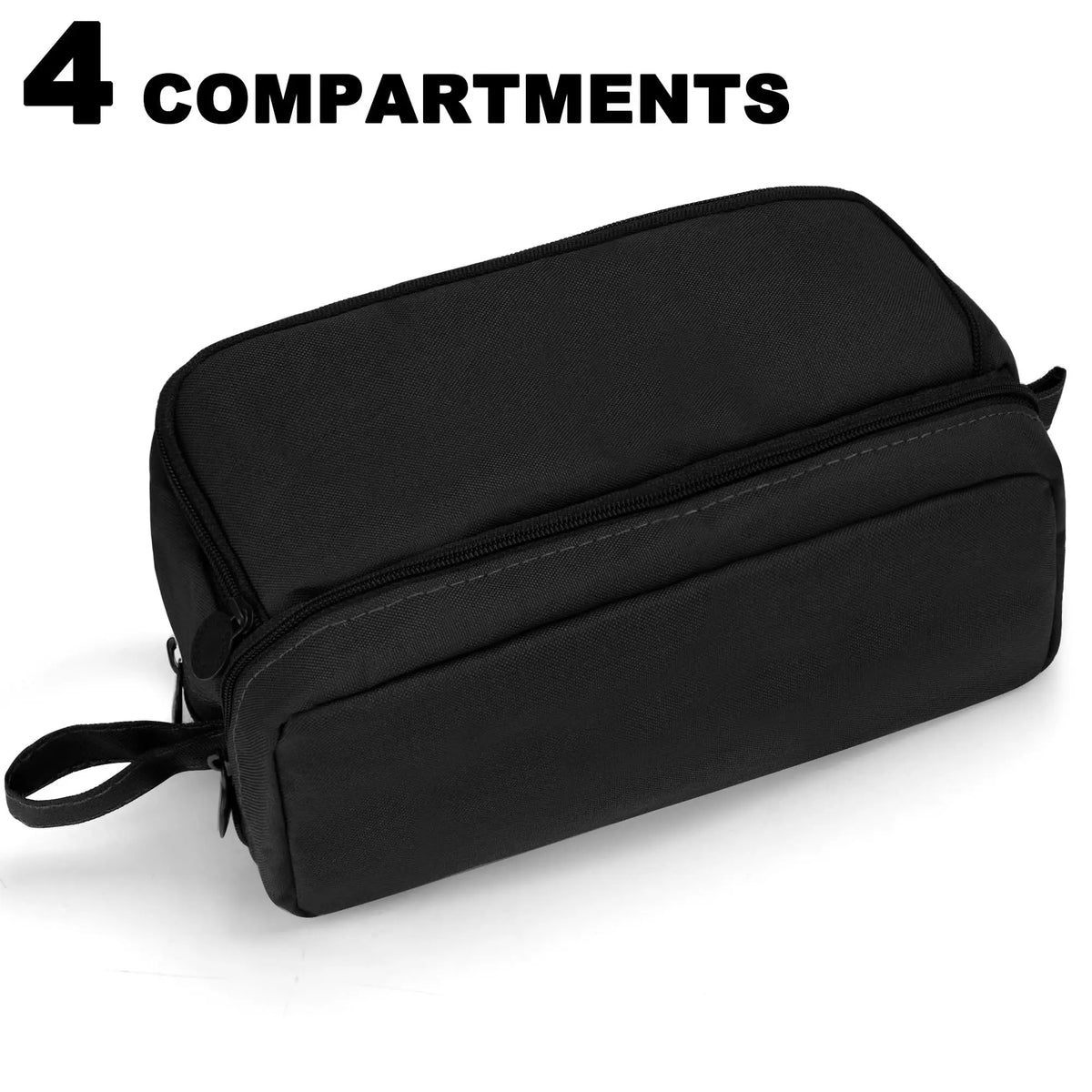 Black fabric pencil case with four compartments shown from the side.