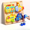 A wooden jigsaw puzzle featuring three colorful animal and traffic vehicles for children.