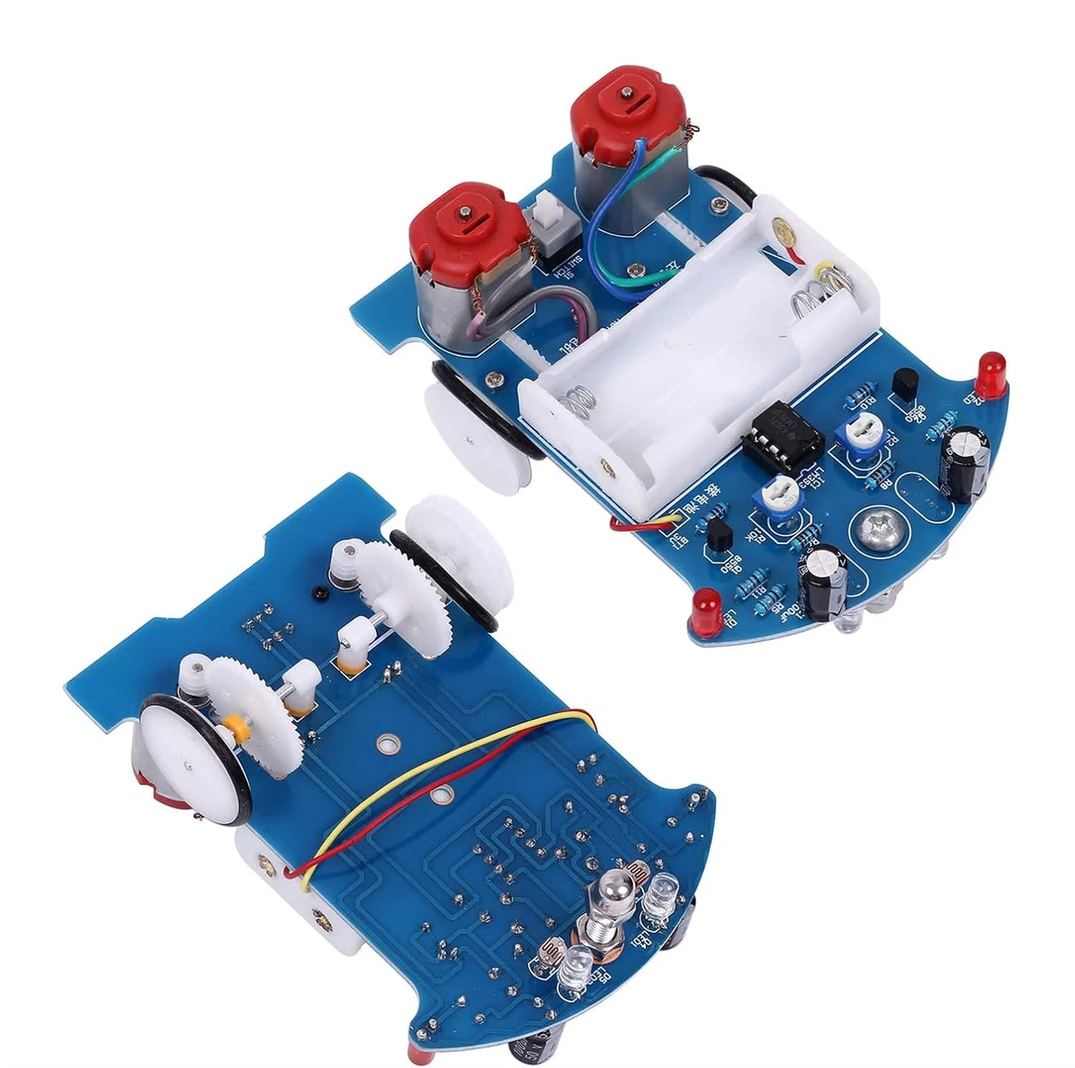 A blue DIY soldering kit for building a line-following robot, showing circuit boards and components.