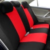 Car seat covers featuring a black and red honeycomb mesh pattern on the back seat.