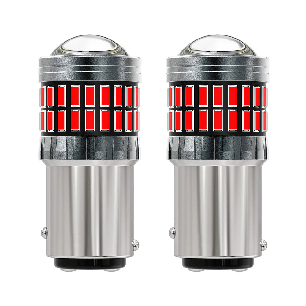 A pair of LED turn signal and reverse light bulbs with silver and red accents.