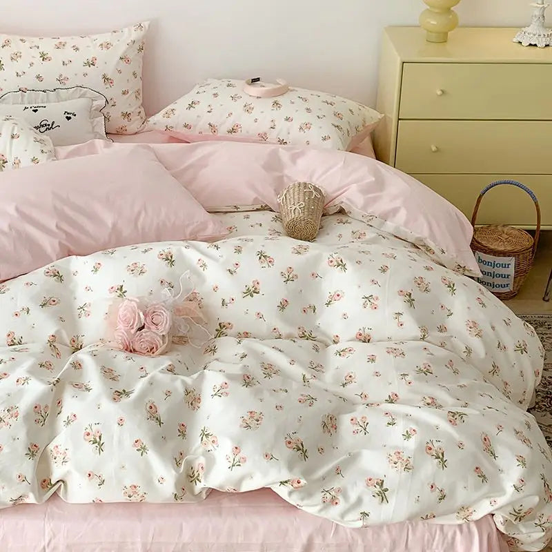 Pink floral bedding set featuring a duvet cover and pillows on a bed with a light wood dresser in the background.