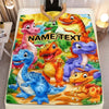 A colorful blanket featuring various cartoon dinosaurs for a personalized gift or throw.