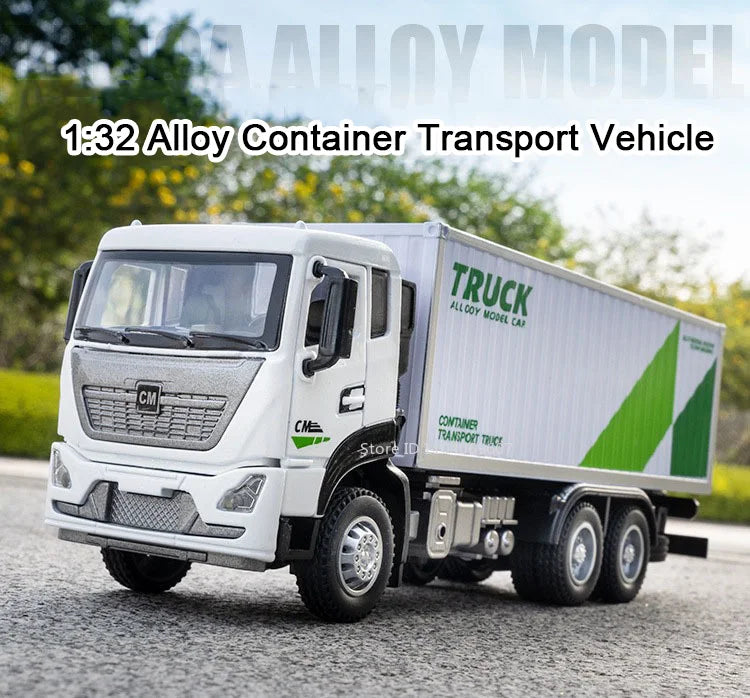 A white diecast model truck carrying a container on a gray road.