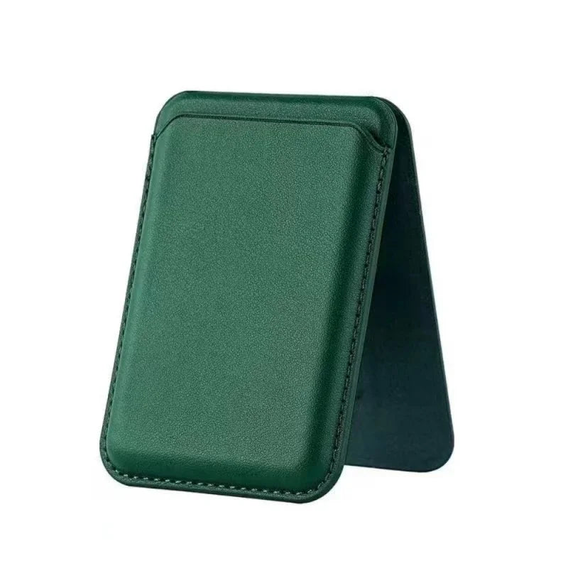 A dark green magnetic leather wallet case with a kickstand for an iPhone.