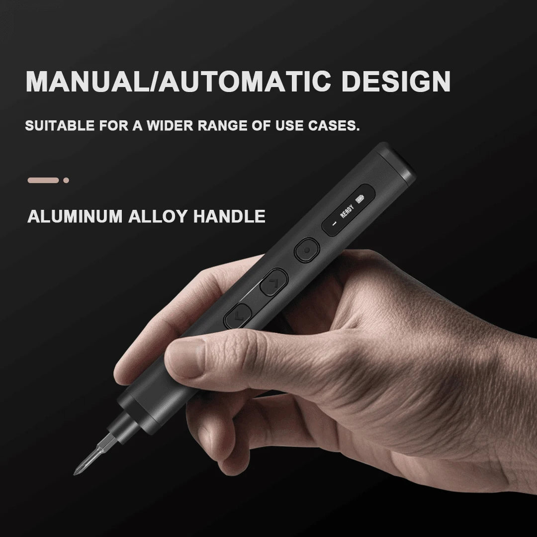 A hand holds a black aluminum alloy precision screwdriver with a magnetic tip against a dark background.