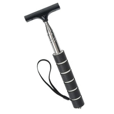 A black telescopic window cleaning squeegee with an adjustable metal handle and a black cord.