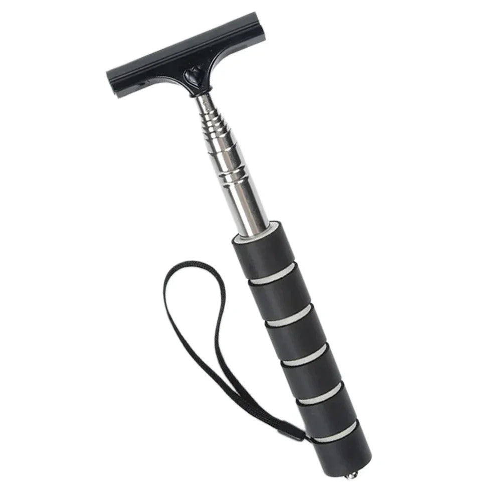 A black telescopic window cleaning squeegee with an adjustable metal handle and a black cord.