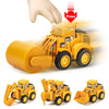 A yellow diecast construction vehicle set featuring a push-play excavator and bulldozer for kids.