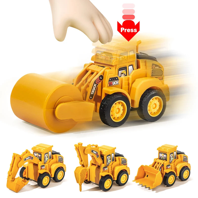 A yellow diecast construction vehicle set featuring a push-play excavator and bulldozer for kids.