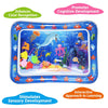 A blue inflatable baby water play mat filled with colorful floating toys promoting color recognition and sensory development.