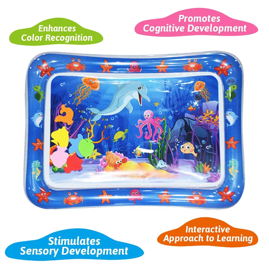 A blue inflatable baby water play mat filled with colorful floating toys promoting color recognition and sensory development.