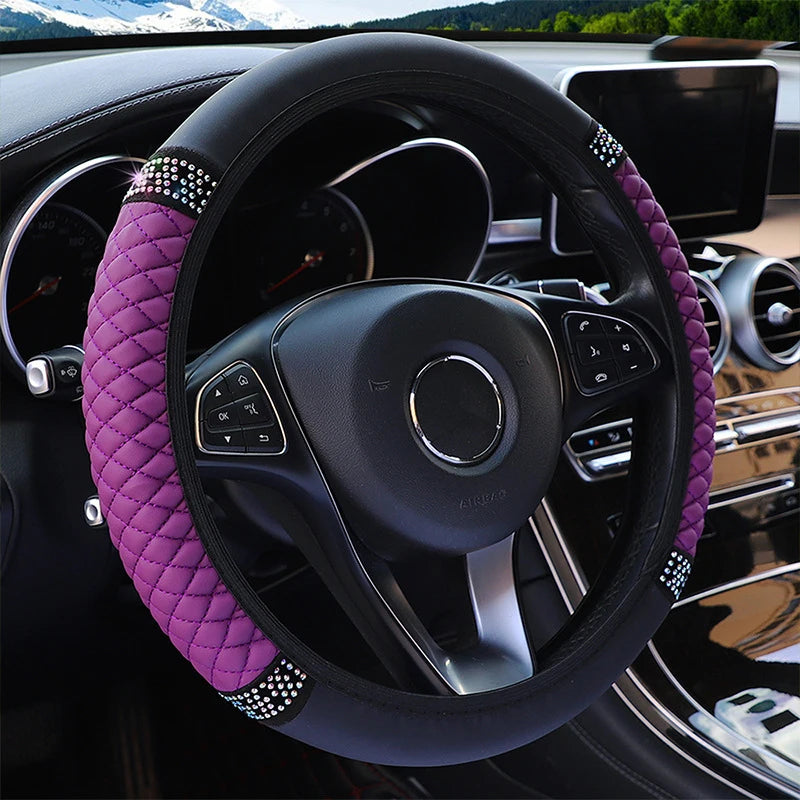 Rhinestone PU Leather Steering Wheel Cover