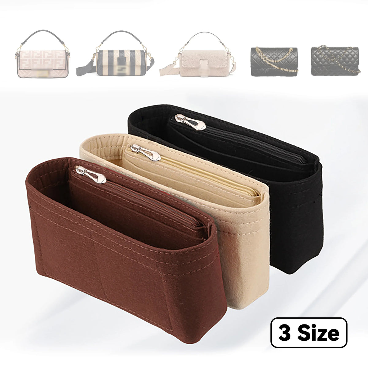 A felt handbag organizer insert showing various sizes and colors of pockets for organizing accessories.