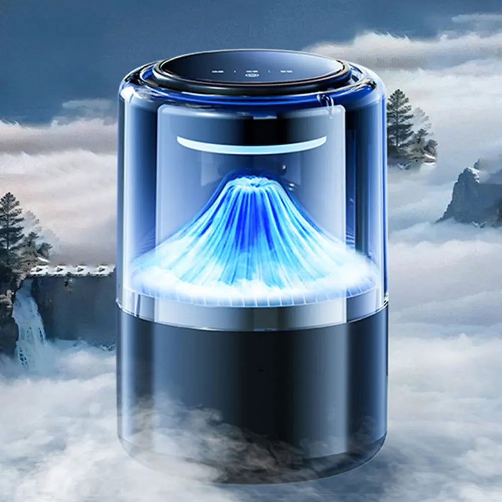A sleek, cylindrical smart car diffuser with ambient blue light and mist effect is shown against a misty outdoor background.