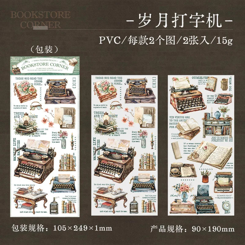 Eine Blätter mit Vintage-PVC-Transferstickern mit antiken Schreibmaschinen und संबंधितen Artikeln zum Scrapbooking