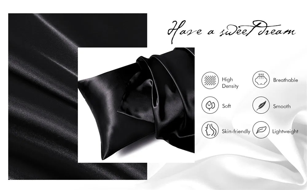 Black silky satin pillowcase draped next to text promoting a sweet dream and product features.