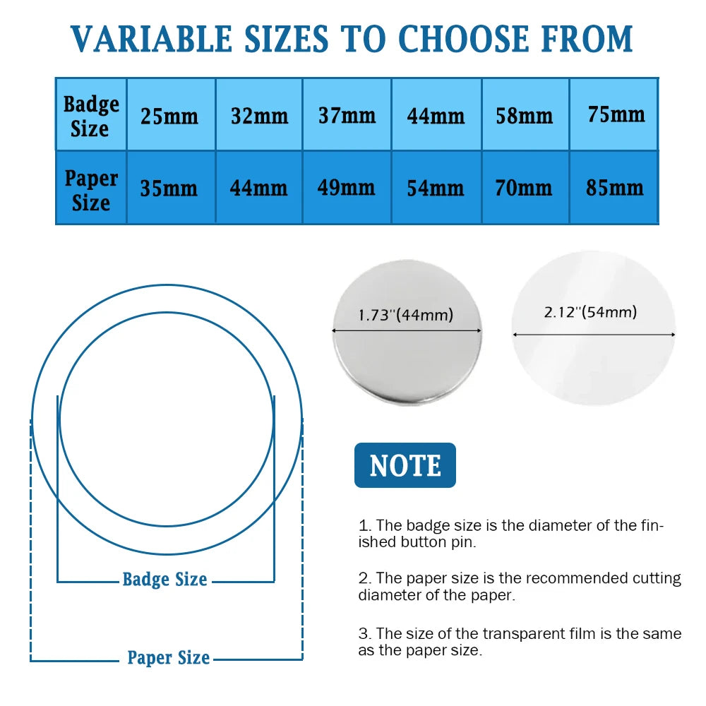 A chart showing various badge and paper sizes in millimeters for DIY metal button parts.