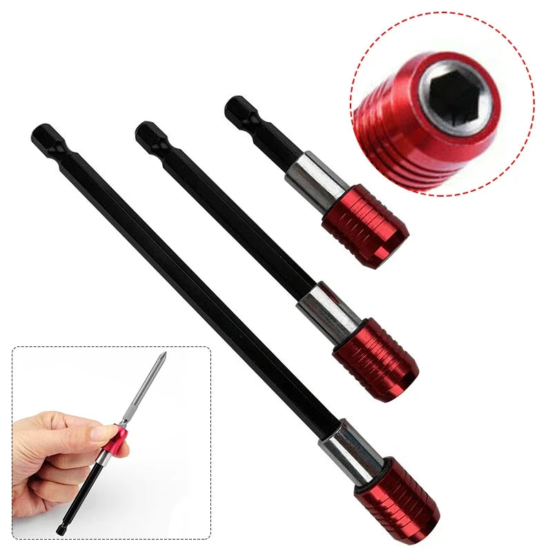 A set of black and red self-locking socket extension bars with silver accents shown in various angles.