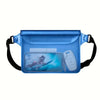 A blue waterproof pouch designed to hold a phone for swimming, diving, and outdoor activities.