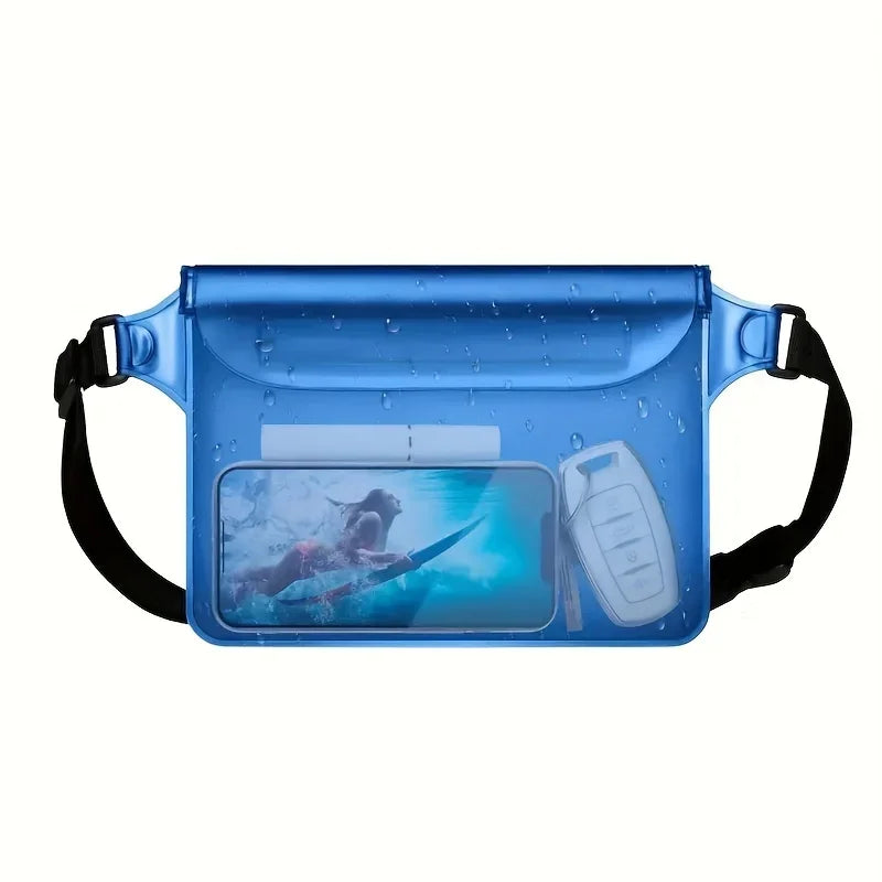 A blue waterproof pouch designed to hold a phone for swimming, diving, and outdoor activities.