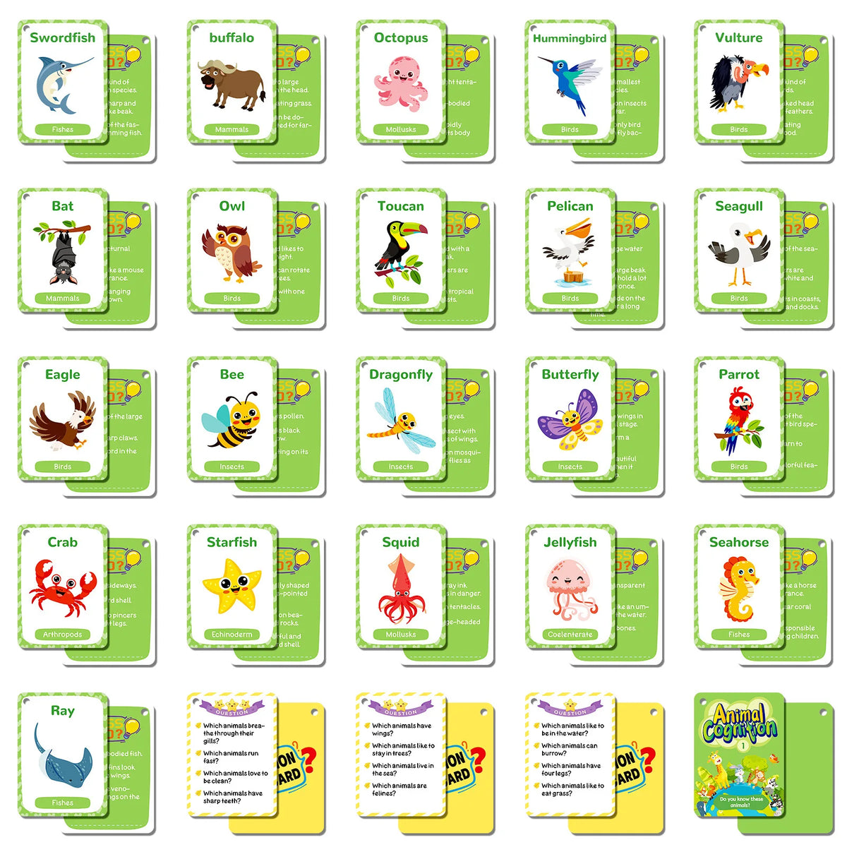 A collection of animal flash cards featuring various animals like a swordfish, buffalo, octopus, bat, owl, toucan, pelican, s