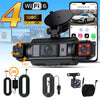 A black WiFi dash cam is shown with various accessories including power cables and a mounting bracket.