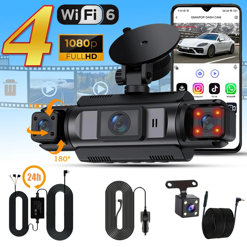 A black WiFi dash cam is shown with various accessories including power cables and a mounting bracket.