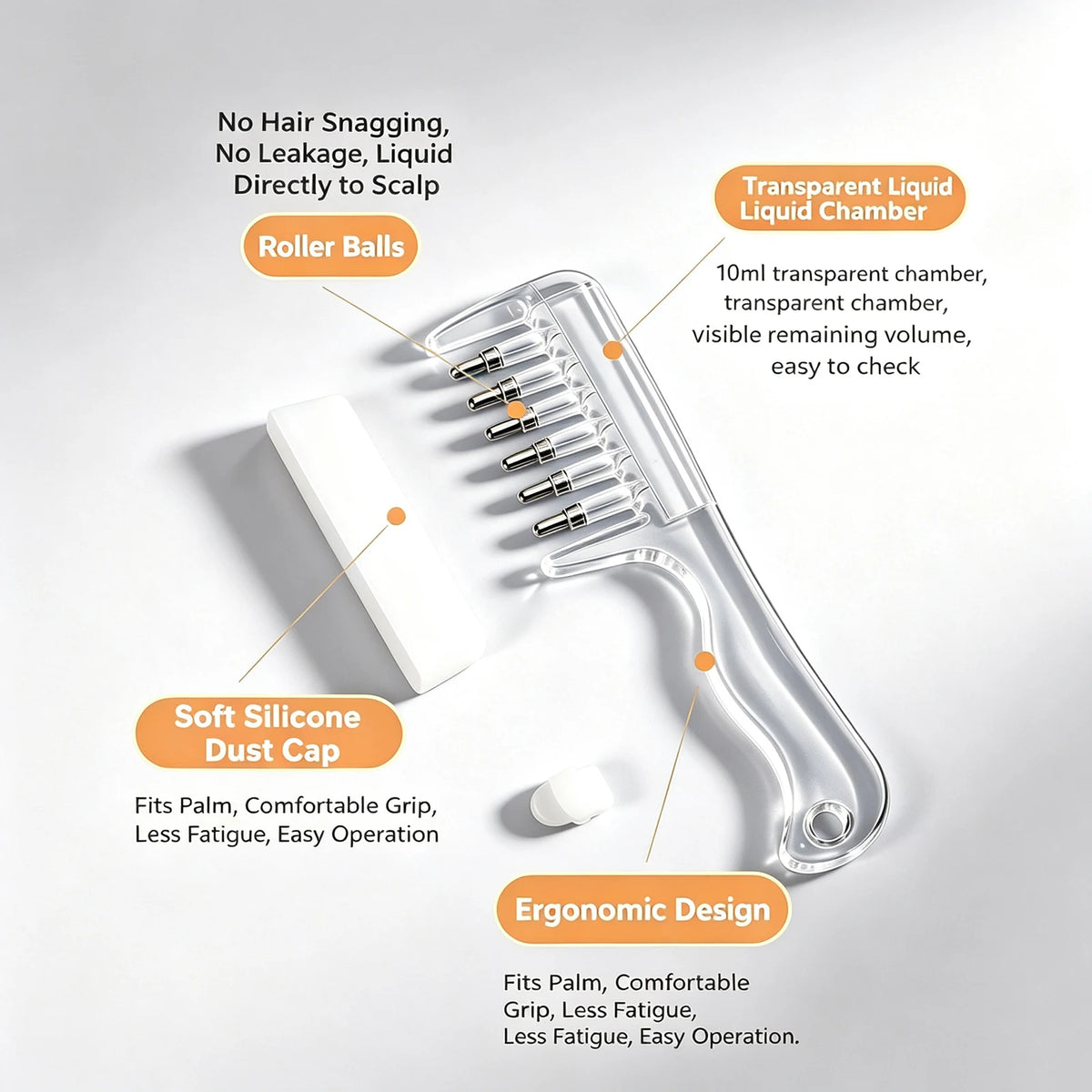 A clear plastic scalp massage comb with roller balls and a soft silicone dust cap shown on a white background.
