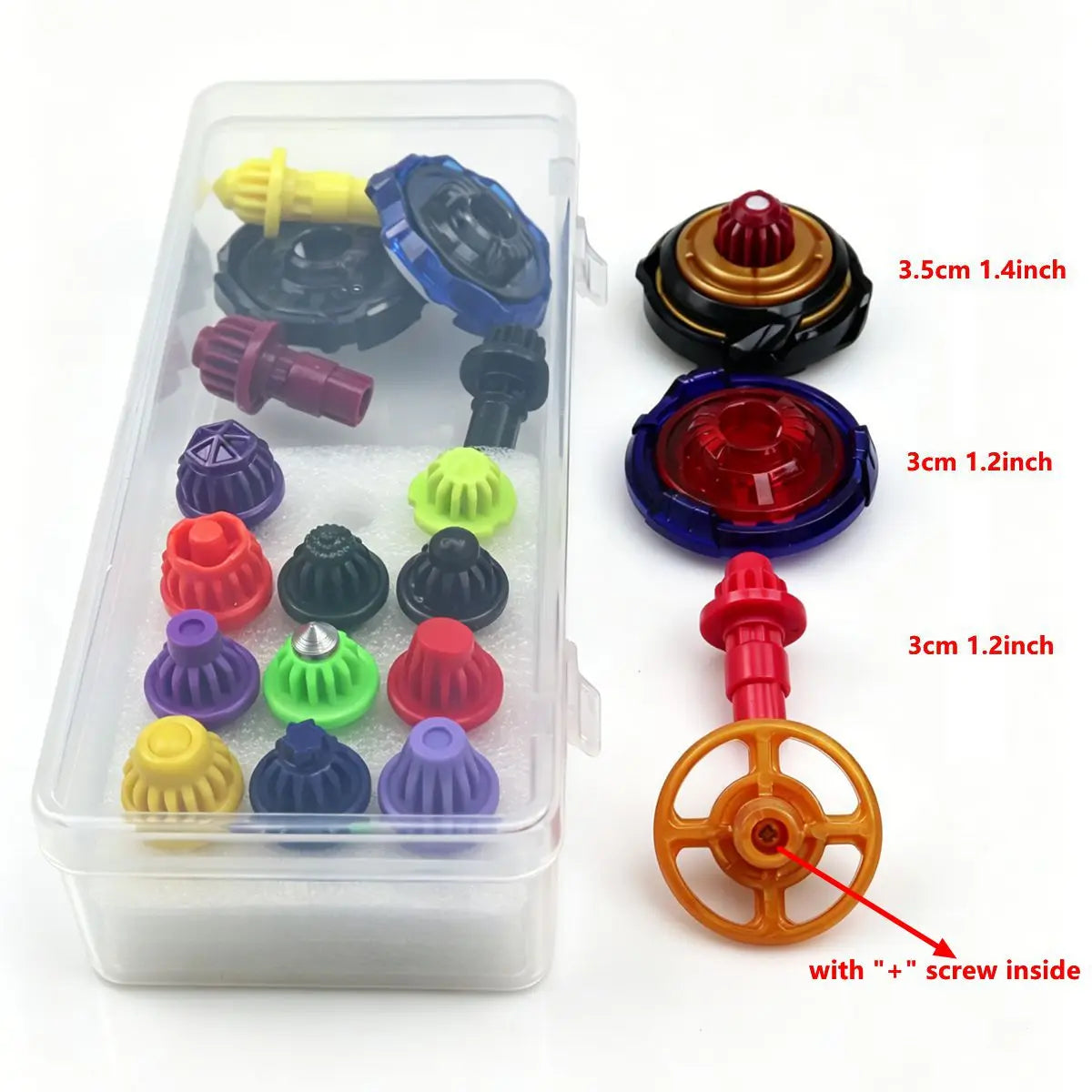A clear storage box contains various colored spinning top customization accessories, including a black, blue, red, and yellow