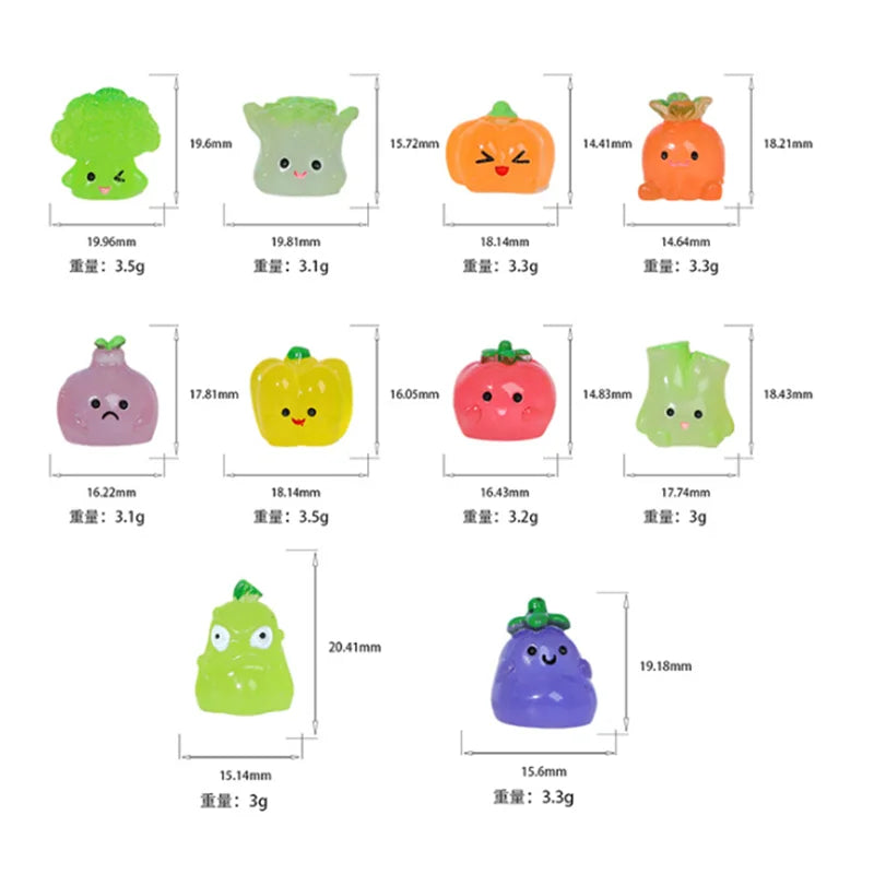 A collection of hand-painted resin vegetable figurines in various colors and sizes for fairy garden and home decor.