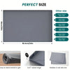 A gray flexible silicone sink protector mat shown in various sizes and a rolled-up view.