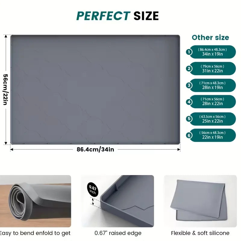A gray flexible silicone sink protector mat shown in various sizes and a rolled-up view.