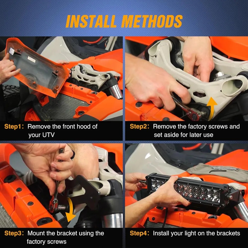 Installation steps showing how to mount a light bar on Billet Aluminum brackets for a Can-Am Maverick X3 UVT
