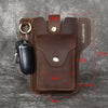 A brown genuine leather waist bag with multiple pockets and a black electronic device attached.