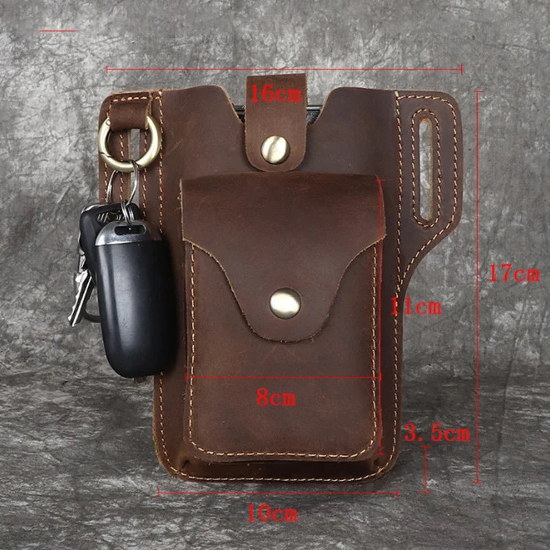 A brown genuine leather waist bag with multiple pockets and a black electronic device attached.