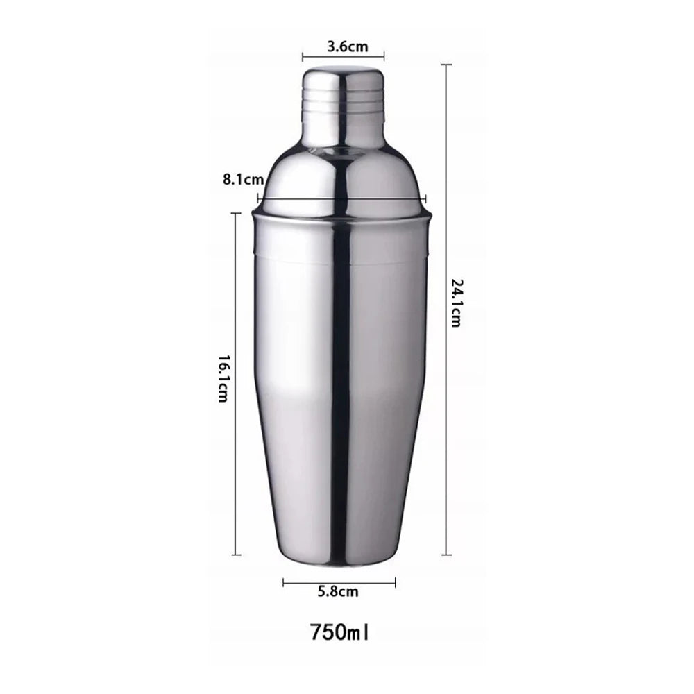 A stainless steel cocktail shaker with a silver finish and a tapered design.