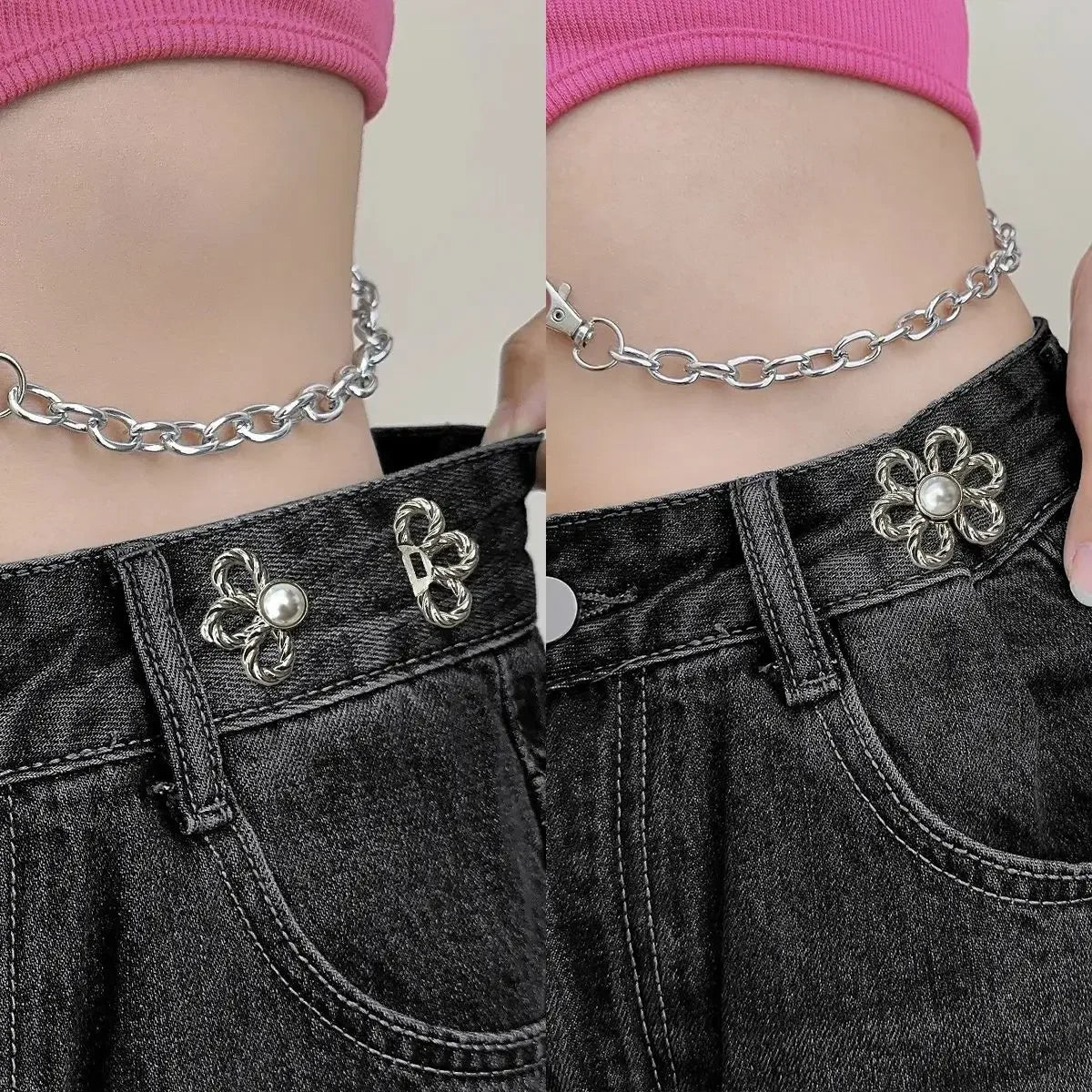 A close-up of a person wearing black jeans with silver chains and flower waist clips, paired with a pink top.